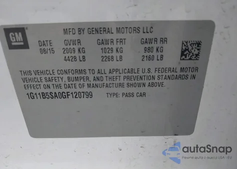 2016 Chevrolet Malibu Limited Ls из США, поврежденный, VIN 1G11B5SA0GF120799